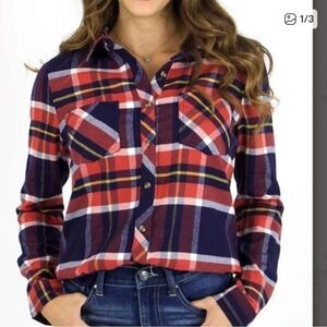 Grace & Lace Navy Rust Plaid Flannel Button Up Shirt size S